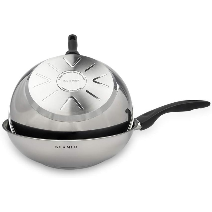 KLAMER Wok з нержавіючої сталі з антипригарним покриттям, професійний, для індукційних плит, з високим бортиком, сумісний з духовкою та посудомийною машиною
