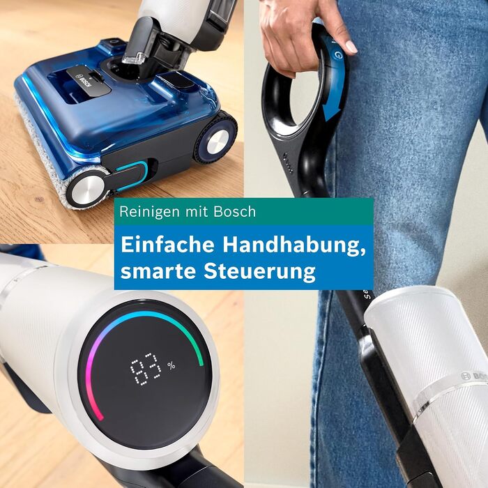 Акумуляторний пилосос для сухого та вологого прибирання Bosch BHF41WS з функцією миття підлоги, системою двох баків, LED-підсвіткою та потужністю всмоктування 24 000 Па