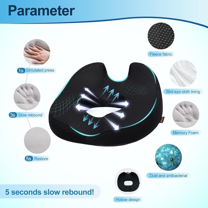 Ортопедична подушка для сидіння (кільце) для геморою та куприкового болю, подушка у формі пончика, Memory Foam, чорна, стандартна