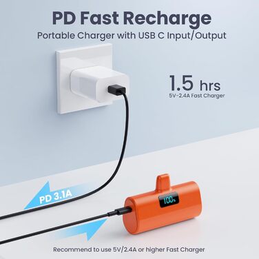 Портативний зарядний акумулятор Powerbank 5200mAh з LCD дисплеєм, 20W PD, сумісний з iPhone 14/13/12/11 та іншими моделями (Orange)