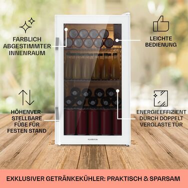 Klarstein Mini Fridge with Glass Door - 80L Compact Beverage Cooler with Adjustable Shelves & Wave Design Racks