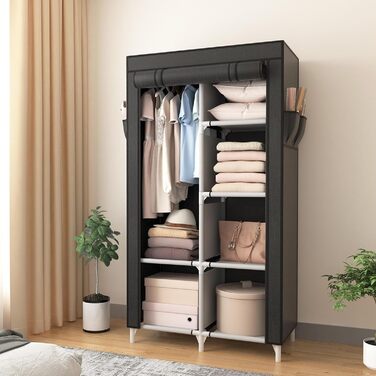 Wardrobe, Portable Fabric Clothes Closet with Clothes Rod, 6 Shelves, 4 Side Pockets, and Cover, Sturdy Clothes Racks for Bedroom Dressing Room (Black, 84 x 42 x 162 cm)
