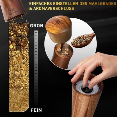 Набір з 2 мельниць для солі та перцю з дерева акації з регульованим керамічним жорном | Мельниці для спецій, преміум якість