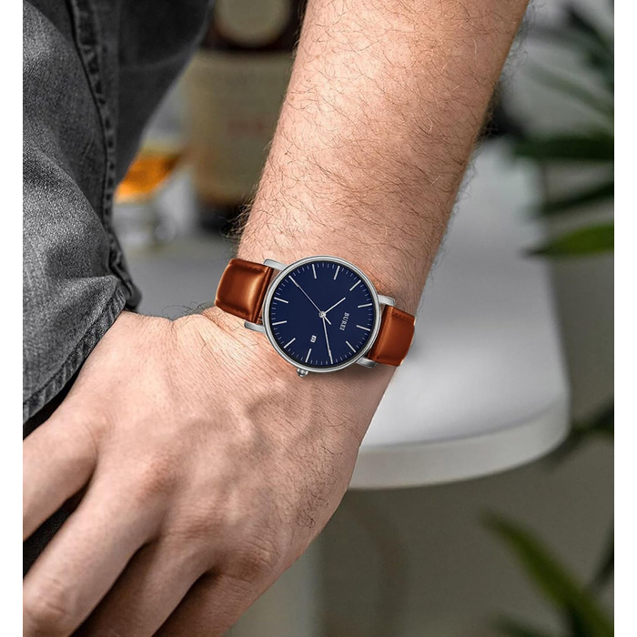 Годинник чоловічий BUREI Ultra тонкий аналоговий з датою, кварцовий механізм Japan, подарунок для чоловіків (срібло, шкіряний ремінець)