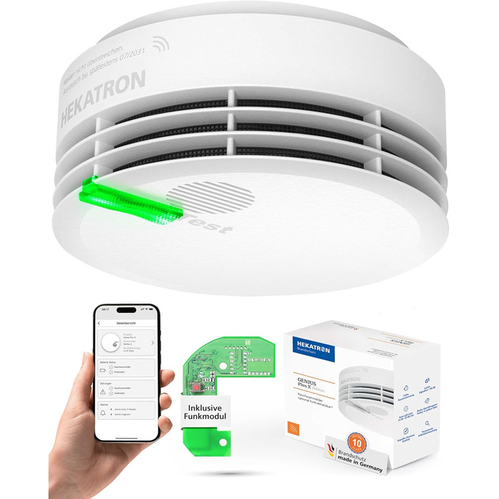 Hekatron Genius Plus X – Interconnected Smoke Detector, 10 Years Battery – with Base X Radio Module – Stiftung Warentest Test Winner – made in Germany – Wireless Smoke Detector Set – multilingual – 1 Piece