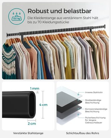 SONGMICS Clothes Rack with Wheels, Clothes Rail, Heavy-Duty, Extendable Clothes Rod, Load Capacity up to 110 kg, 45 x (160-200) x 162.9 cm, Metal, Chrome, HSR176E01 ((110-150)B cm, Matte Black)