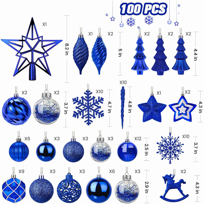 100 шт. прикраси для ялинки Shareconn: пластикові кулі, безпечні, з гачками, різні розміри та кольори (синій)