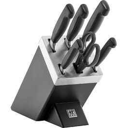 ZWILLING Vier Sterne Self-Sharpening Knife Block Set - 7 Piece German Stainless Steel Knife Set with Scissors & Black Handles