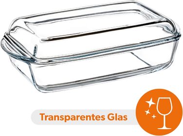 Жаростійка форма для запікання KADAX 3.95 л з кришкою, прямокутна скляна посудина для духовки та електроплити, прозора, для лазаньї та м'яса