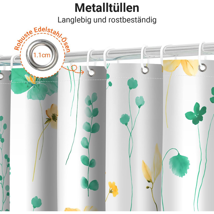 Штора для ванної кімнати 240x200 см, квіти, антигрибкова, водовідштовхувальна, поліестер, з кільцями для душу (М'ятний)