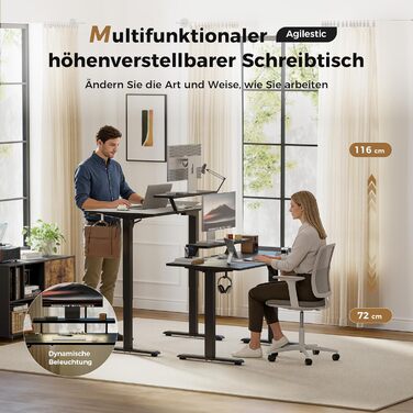 Електричний регульований стіл Agilestic з підсвічуванням, USB-портом та рухомим кріпленням для монітора, 140 x 60 см (Чорний)