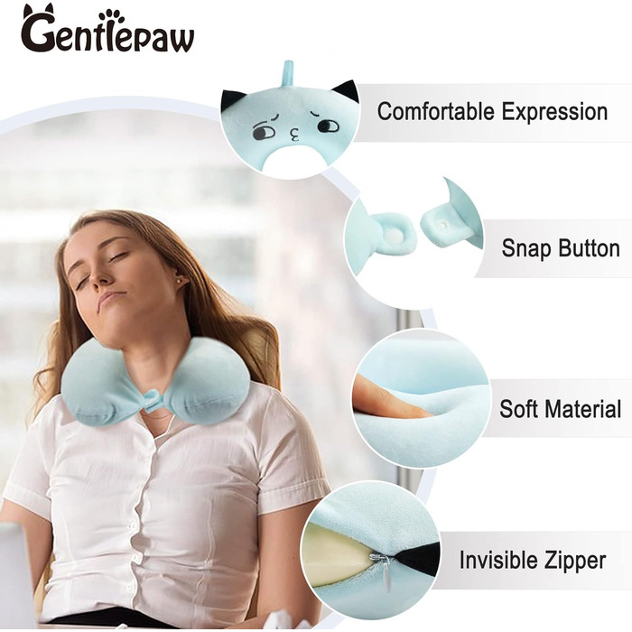 Дитяче подушечка для шиї з меморі-піною, U-подібна форма, з милим дизайном тваринки, для подорожей (літак, авто, поїзд), знімний чохол (блакитний)