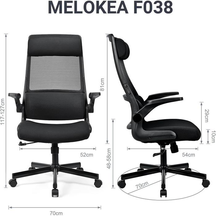 Ергономічне крісло для офісу з регульованою підголовником, офісне крісло з сітки, відкидні підлокітники, широке сидіння, функція гойдання, комп'ютерне крісло EN 1335, офісне крісло 200 кг, чорне