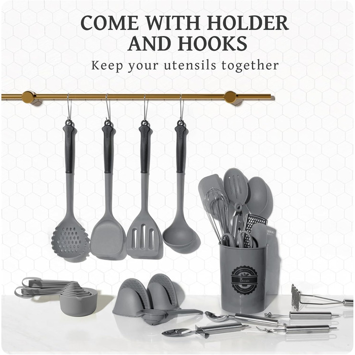 Набір кухонних аксесуарів Kikcoin 43 шт. - Силіконовий набір кухонних інструментів, безпечний для миття в посудомийній машині, лопатки для антипригарного посуду, 230°C, термостійкі кухонні помічники з підставкою, BPA-free, колір: авокадо (сірий)