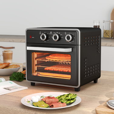 HOMCOM 20L Convection Mini Oven with Baking Tray, Grill Rack, and Crumb Tray, 90°C-230°C Air Fryer with 5 Modes, Frying Basket, 60 Min. Timer, 1400W, Metal | Aosom