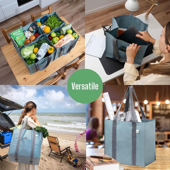 VENO 34 Liter Large Shopping Bag Foldable with Sturdy Bottom and Front Pocket, Reusable Shopping Bags Water-Resistant Tote Bag Shopping Basket for Shopping Picnic (Light Blue, 4-Pack)