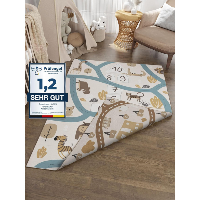 pourlea® Дитячий килимок для кімнати, двосторонній, 140x200 см, бежевий, ігровий килим Safari та автодороги, сертифікат ÖkoTex, для хлопчиків і дівчаток