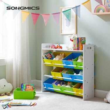 Дитячий органайзер для іграшок SONGMICS з 9 текстильними кошиками, білий іграшковий та книжковий стелаж для дитячої кімнати, 78 x 26,5 x 82,5 см