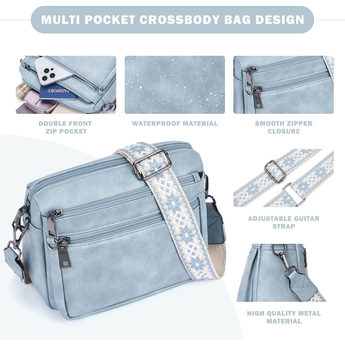 Сумка жіноча через плече MUIIKOLA середнього розміру, екошкіра, м'який широкий ремінь (Світло-блакитна)