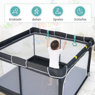 DREAMADE Playpen Baby, 124 x 124 cm Playard Foldable with 50 Play Balls & 4 Pull Rings, Safety Net with Breathable Mesh & Zipper (Dark Grey)