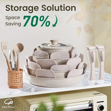 Набір посуду Chef Power Keramik 19 частин, антипригарне покриття, знімний ручка, для індукції, сумісний з духовкою, для кемпінгу, Mocca-Taupe