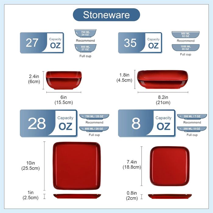 LOVECASA Сервіз Tafelservice Vibri, 16 частин, квадратний сервіз з кераміки для 4 осіб | Тарілки, чашки, десертні тарілки та миски, (Червоний, 16 частин)