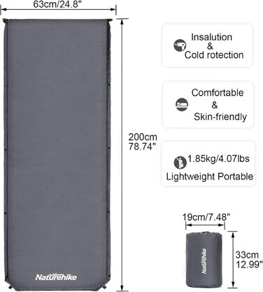 Naturehike Саморозкладаюча спалка 5 см, туристична, для кемпінгу, вага легка, з'єднується, R-значення 4.8, зелена (сіра)