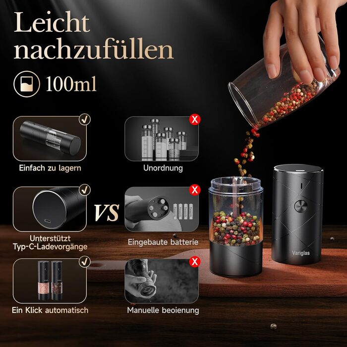 Variglas Salt and Pepper Mills Electric 2-Piece Set with USB Rechargeable, Improved Large Capacity Electric Spice Grinder, Adjustable Coarseness, LED Light (01B)