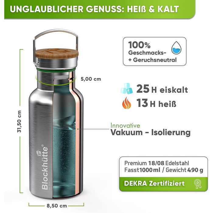 Blockhut Premium Stainless Steel Insulated Water Bottle | 1L | with Natural Bristle Brush | Insulated, Leak-Proof Bottle | Insulated Flask Dishwasher-Safe for University, Office | BPA Free