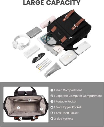 LOVEVOOK Рюкзак жіночий великий, водонепроникний, для подорожей, ручної поклажі, з відділенням для ноутбука 14 дюймів, чорно-коричневий