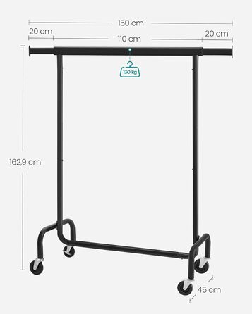 SONGMICS Clothes Rack with Wheels, Clothes Rail, Heavy-Duty, Extendable Clothes Rod, Load Capacity up to 110 kg, 45 x (160-200) x 162.9 cm, Metal, Chrome, HSR176E01 ((110-150)B cm, Matte Black)