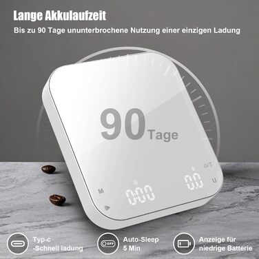 Ваги для кави Diyife з таймером, 3кг/0,1г. Електричні ваги для еспресо з HD LCD дисплеєм, функцією тарування, портативні, високоточні для еспресо та френч-пресу (M-White)