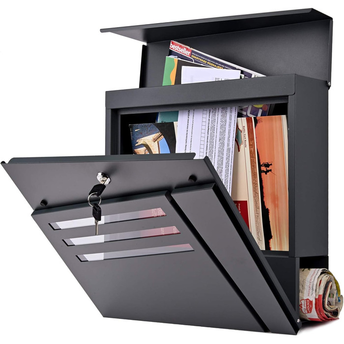 Поштовий ящик Verda з газетницею, нержавіюча сталь, антрацит, 37x37x11 см - сучасний вуличний поштовий ящик з ключем та оглядовим вікном