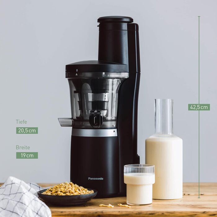 Panasonic Slow Juicer MJ-L700KXE, electric fruit press, juicing whole fruits and vegetables, 75mm opening, sleek design, safe and practical, Black, Matte Black Single
