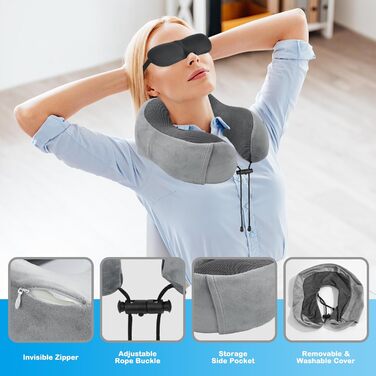 Подушка для шиї у літак: Memory Foam, регульована, компактна, з чохлом для зберігання, навушниками та маскою для сну (сіра)