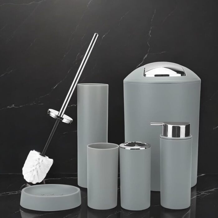 Комплект аксесуарів для ванної кімнати 6tlg Badset: органайзер, мильниця, стакан для зубних щіток, відро для косметики, щітка для унітазу з тримачем, мильниця, сміттєвий бачок, тримач для зубних щіток (Сірий, дизайн 2a)