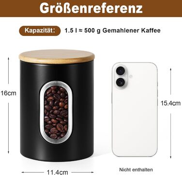 Герметична кавова банка Gmisun, 500г / 1,5л: для кавових зерен, меленої кави, капсул та паді, чорного кольору