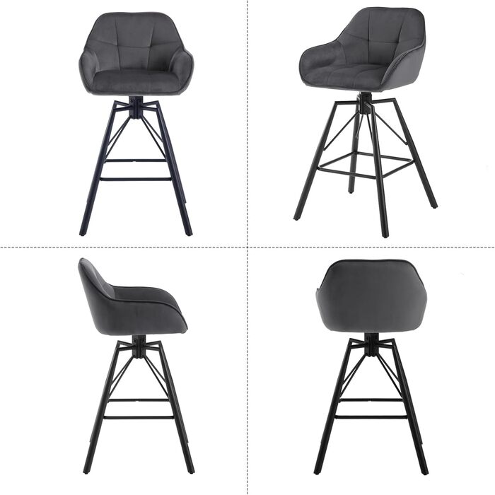 WOLTU 2-Piece Bar Stool Set - Swivel Barstools with Backrest & Footrest - Velvet Upholstered Metal Bar Chairs - Dark Grey
