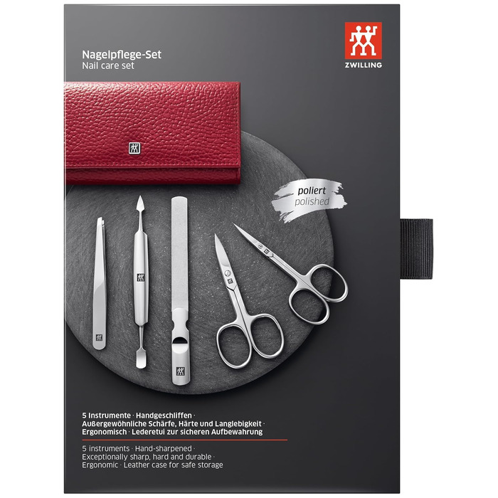 Набір для манікюру та педикюру ZWILLING (5 предметів) з екошкіряним кейсом, нержавіюча сталь, червоний