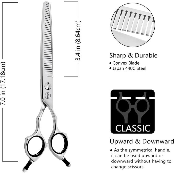 Ножиці для грумінгу собак та котів HASHIMOTO, 33 зубці, 7.0 дюймів, 65% розрідження, легкі. Ідеально для професійного грумінгу та домашнього догляду за тваринами.