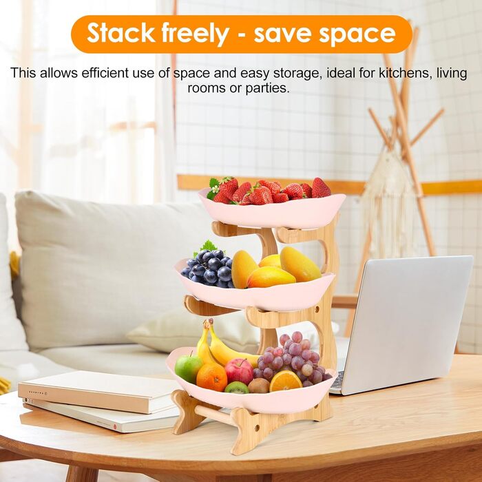 DEECOZY Трирівнева етажерка для фруктів та овочів з бамбуковим підставкою, пластикова фруктова миска, економія місця, для сім'ї, сучасний дизайн (Білий, Бежевий)