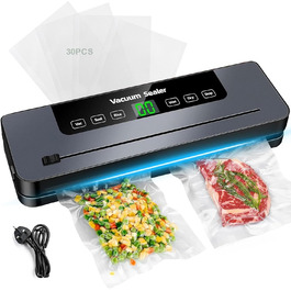Вакуумний пакувальник 6-в-1 з LED-дисплеєм та 30см зварювальною лінією, 50 шт. пакетів, зовнішній шланг, для сухих та вологих продуктів (сріблястий)