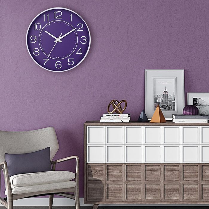 HZDHCLH Wall Clock Silent No Ticking 25 cm Easy-to-Read Clock for Kitchen, Living Room, Bedroom, Bathroom, Home Office (Purple)