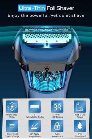 Електрична бритва чоловіча з 3 гнучкими лезами та тримером, синя. Бритва для вологого та сухого гоління, з кейсом для подорожей, акумуляторна, 120 хв роботи. Подарунок для чоловіків