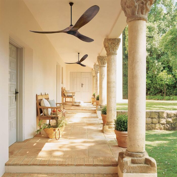 Вентилятор стельовий дерев'яний без освітлення з пультом керування, тихий, для вологого приміщення (152см, коричневий)