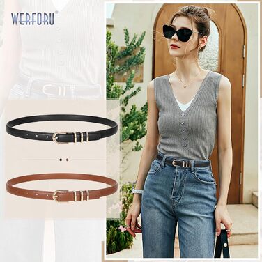 Жіночі шкіряні ремені WERFORU (2 шт.) для джинсів та штанів. Тонкий ремінь з золотою пряжкою. Довжина 110 см, підходить на талію 80-92 см (чорний+коричневий)