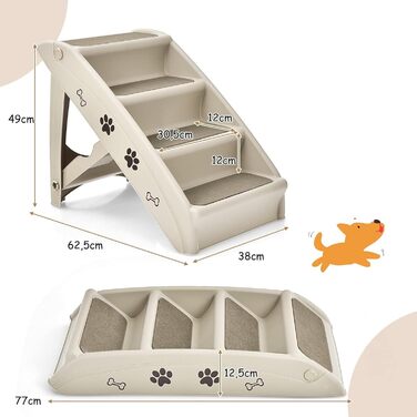 Сходинка для тварин GYMAX з 4 сходинками, розкладні сходи для собак і котів з антиковзкими підкладками, 4 килимки та трикутна структура (Бежевий)