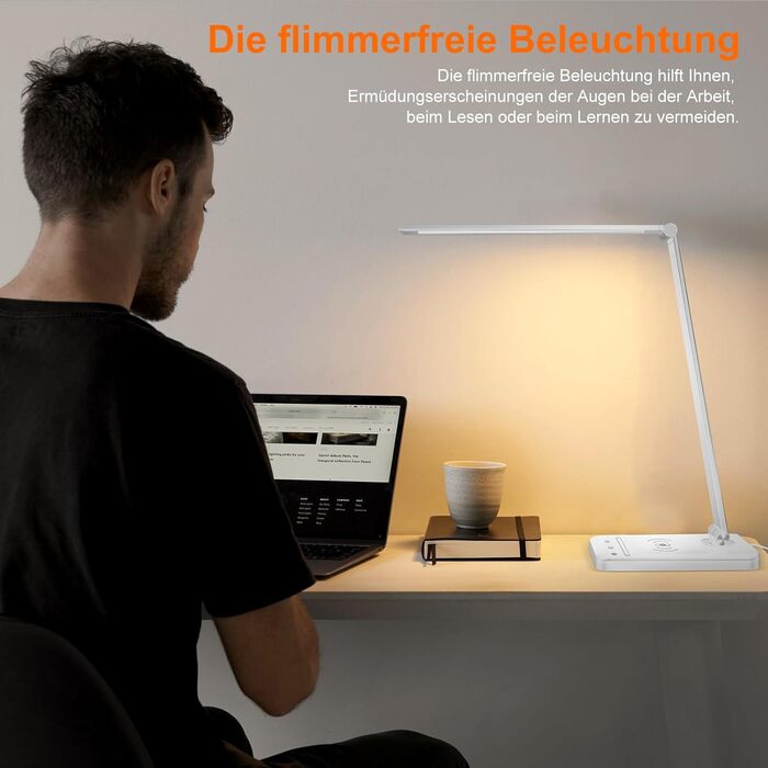 LED настільна лампа Weareok з регулюванням яскравості, захистом для очей, бездротовою зарядкою Qi та USB-портом, білий колір