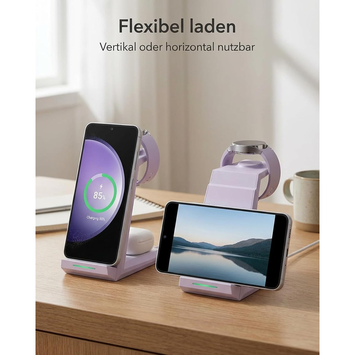 Зарядна станція NANAMI 3-в-1 для Samsung Galaxy Watch, Buds та смартфонів (S25, S24, S23) - бездротова, індукційна, фіолетова