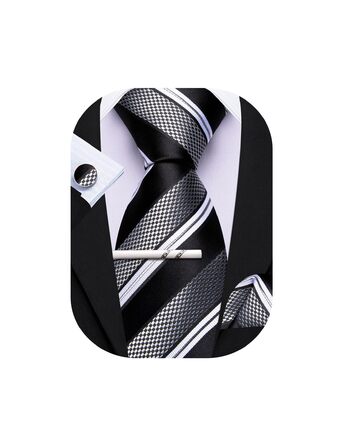 Чоловічий подарунковий набір: краватка в смужку, краватки-кліпса, нагрудна хустинка, манжетні кнопки, подарунок для бізнесу, весілля, свят, чорний, білий, сірий